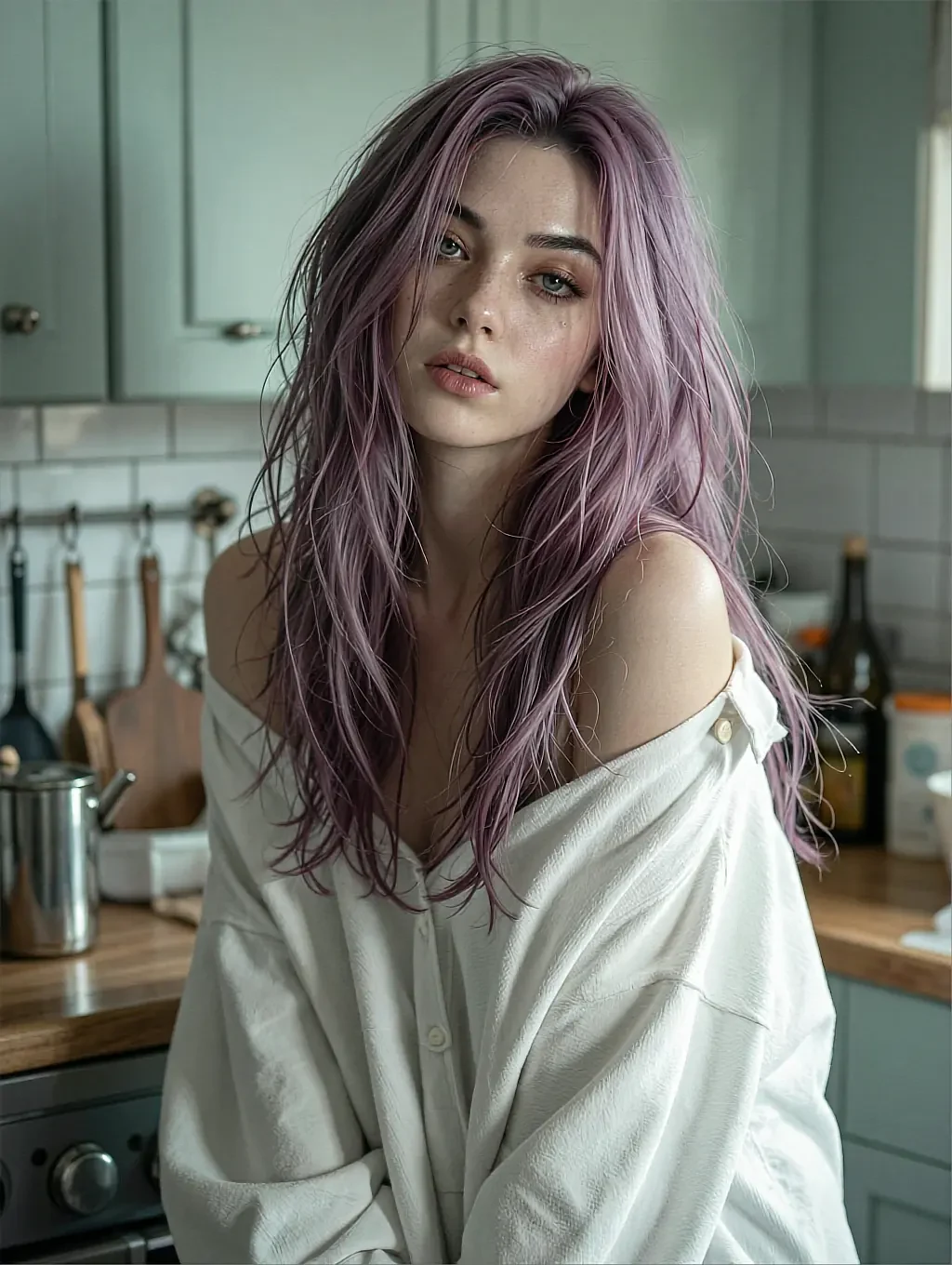 Fictional AI character with lilac hair in a loose white shirt, leaning on a kitchen counter