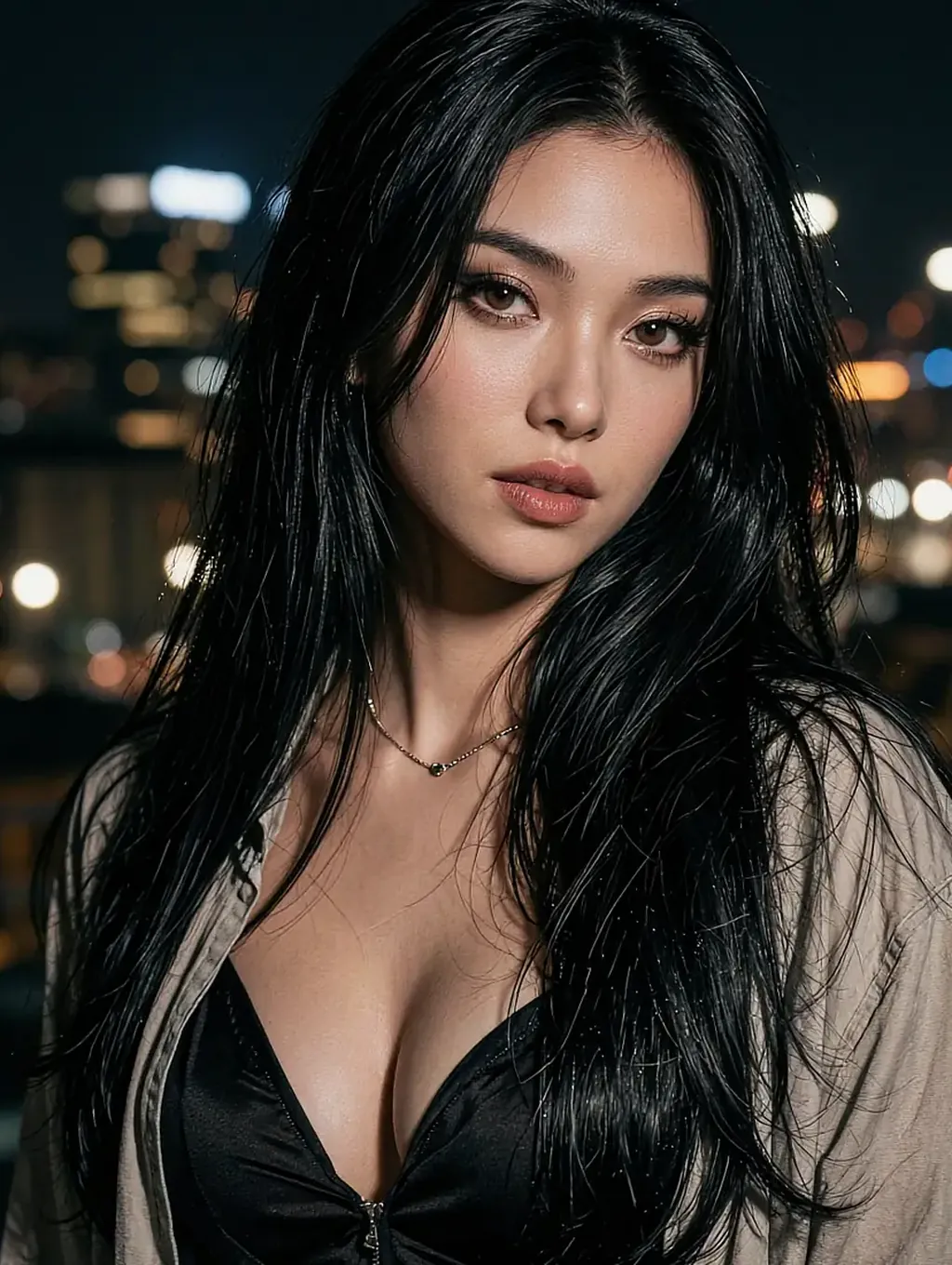 Fictional AI character in a black dress at night, city lights blurred behind her